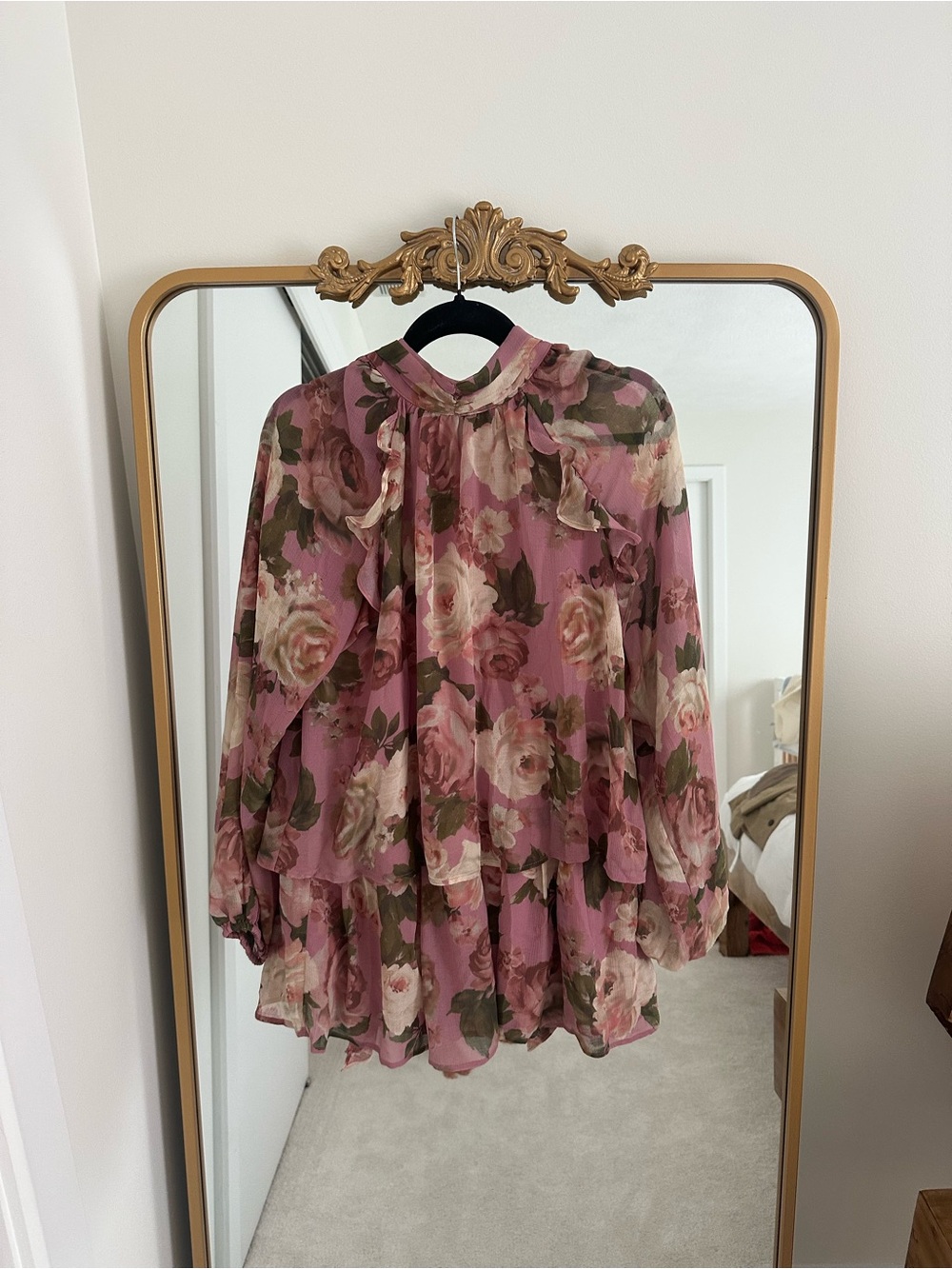 Floral Chiffon Ruffle Long-Sleeve dress - Pink